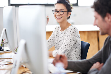 Wall Mural - Portrait, happy and business woman at computer in office of creative startup for coworking or laugh. Face, smile and professional entrepreneur on desktop, graphic designer or employee with glasses