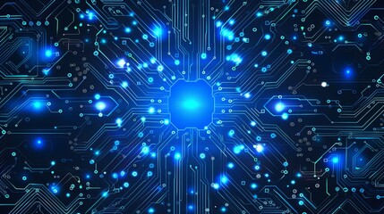 Wall Mural - Vibrant 3d illustration of abstract technology chip processor background with circuit board and html code in blue - futuristic digital concept for design projects