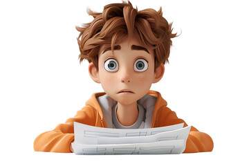 Canvas Print - A 3D animated cartoon render of a nervous student sitting in front of a blank exam paper.