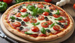 Tasty vegetarian pizza with tomato, mozzarella cheese and fresh oregano colorful background
