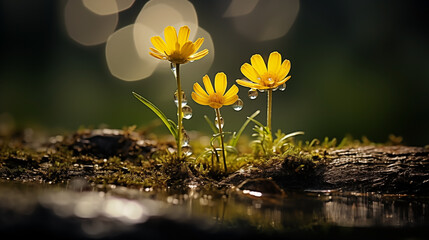 Wall Mural - Small yellow wildflowers glistening with dew in a mystical forest setting