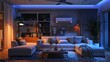Modern Living Room Interior At Night With Bookshelf Sofa Armchairs Potted Plant And Air Conditioner