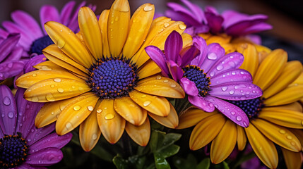 Wall Mural - Vivid yellow and purple flowers with water droplets on petals