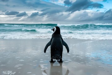 Wall Mural - Lone penguin contemplating the vast ocean under a moody sky. Serene wildlife scene perfect for nature themes. Captivating and peaceful. AI