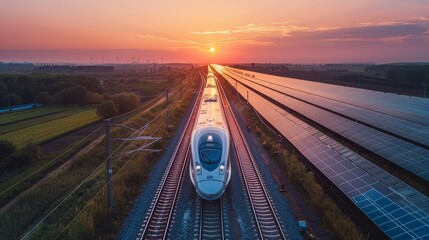 Wall Mural - High-speed train powered by renewable energy, with solar panels along the track, representing sustainable transport