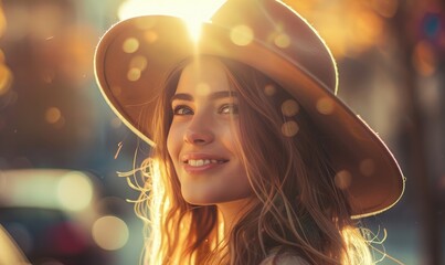 Wall Mural - A vibrant photo of a young smiling woman wearing a sun hat