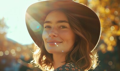 Wall Mural - A vibrant photo of a young smiling woman wearing a sun hat