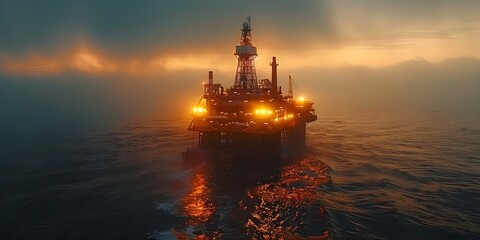Wall Mural - Aerial view of an offshore oil rig at sunset extracting petroleum and natural gas from the seabed. Concept Offshore Oil Rig, Petroleum Extraction, Natural Gas, Aerial View, Sunset