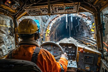 mine worker digging a tunnels using excavator with safety helmet