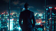 Businessman Overlooking Nighttime Cityscape. Back view of a businessman gazing out at a vibrant cityscape at night, reflecting on urban life and business.
