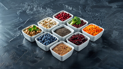 Superfood Selection in Bowls. A vibrant and colorful display of various superfoods including nuts, seeds, legumes, and berries arranged neatly in white bowls on a dark textured background.