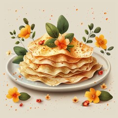 Flat Design, Illustration Russian pancakes with flowers and leaves, Vector Style.