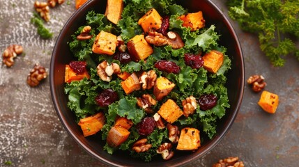 Wall Mural - Kale and roasted sweet potato salad with cranberries and walnuts.