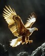 A golden eagle is flying in the sky with its wings spread wide