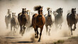 Herd of Majestic Horses Galloping Fiercely in the Dust, Power and Freedom in Wild Equine Movement, Untamed Nature in Motion