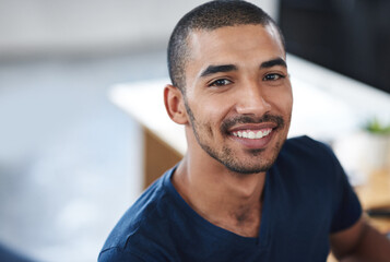 Aufkleber - Happy, startup and portrait of business man for career opportunity, job and working in office. Professional, creative company and person at desk with confidence, pride and smile for design agency