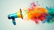 A Person Holding Megaphone And Colorful Splashes Out Of It. The Power Of Words In Marketing Promotion Concept.