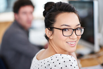 Sticker - Portrait, smile and business woman in office of creative startup company for coworking, job and career. Face, happy professional and entrepreneur with glasses, designer and employee in workplace