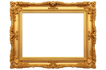 Golden wooden frame isolated on transparent background, Patterned and Vintage picture frame PNG format, old wide ornamental baroque picture frame