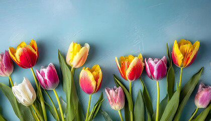 Wall Mural - Colorful blooming tulips border banner on blue background 