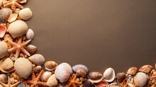 Seashell Decorations On A Beach Sand Background. Negative Space. Generative AI