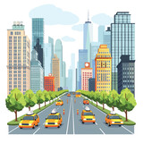 Fototapeta  - A modern city street with taxis and buses. clipart 