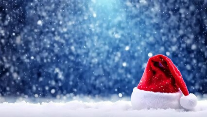 Wall Mural - Santa christmas hat in the snow with copy space