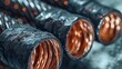 Close-up macro view of a three-core stranded insulated copper electrical cable