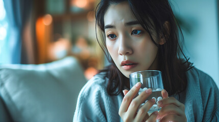 Canvas Print - An unwell Asian young woman holds a pill capsule, seeking relief from stomach pain, headaches, or other discomforts. Depicting the act of taking medication or vitamins with a glass of water at home