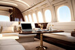 Luxury interior vip private jet with laptop on table, at highest. Modern comfortable business airplane with perfect decor. Passenger service quality in aviation industry concept. Copy ad text space