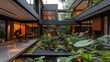 Modern House Interior with Indoor Garden and Reflective Surfaces