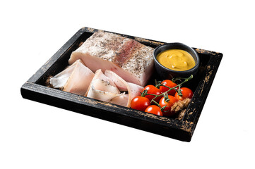 Wall Mural - Smoked lard, slices with salt, garlic and pepper in wooden tray with herbs.  Isolated, Transparent background.