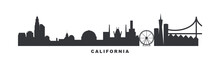 USA California State Skyline With Cities Panorama. Vector Flat Banner, Logo For America Region. Los Angeles, San Francisco, San Diego Silhouette For Footer, Steamer, Header. Isolated Graphic