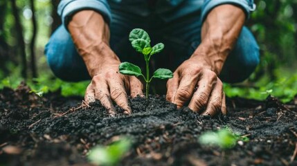 Wall Mural - Hand carefully planting a young seedling in fertile soil,symbolizing the concept of investing in a sustainable future The seedling represents new growth and development