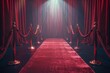 The red carpet and velvet stanchions led to an empty stage with spotlights shining down, embodying the glamorous atmosphere of movie premiere events.