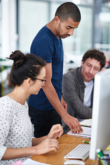 Leinwandbilder - Business people, collaboration and teamwork in notebook for creative project, advice or copywriting feedback. Professional employees or leader reading notes, ideas and brainstorming in office startup