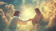 Jesus Christ holds hands with outstretched white arms. He reached down to find another person who was raising his hand to the sky. The background is a beautiful sky with clouds.ai generated.