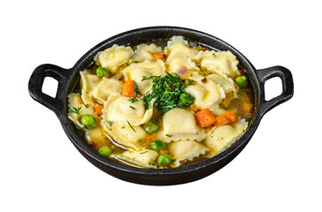 Wall Mural - Broth soup with ravioli dumplings pasta in a pan.  Isolated, Transparent background.