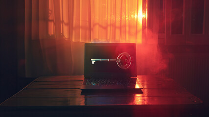 Wall Mural - a laptop with a key on the screen
