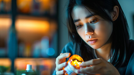 Canvas Print - An Asian young woman holds pills, medical tablets in her hand, pouring capsules from a medication bottle