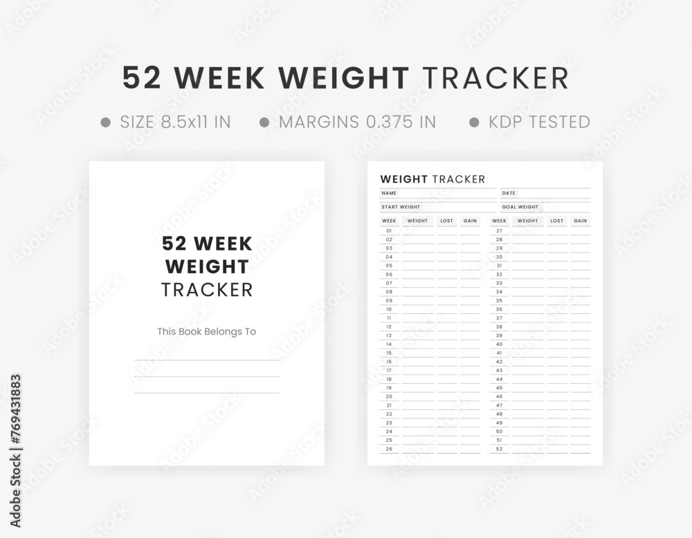 52 Week Weight Tracker Logbook Template Printable | Weight Loss Journal ...