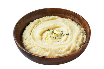 Wall Mural - Boiled potato puree, Mashed potatoes  in a wooden plate.  Isolated, Transparent background.