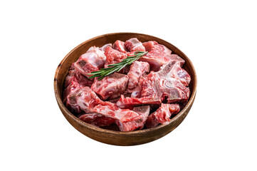 Wall Mural - Fresh Raw meat on the bone diced for goulash in a wooden plate.  Isolated, Transparent background.