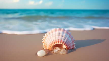 Wall Mural - Conch shells lying on the beach at sunset