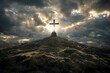 Wooden cross on top of mountain with dark clouds and sunlight.ai generated.