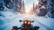 POV winter sports with a snowmobiling selfie speeding through a snowy landscape