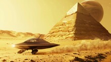 A Minimalist Design Of A Sleek Spaceship Landing Near A Pyramid On An Alien Planet
