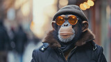A monkey wearing sunglasses and a hat is standing in front of a building. The scene is set in a city, with people walking around in the background. The monkey's outfit and accessories give it a quirky