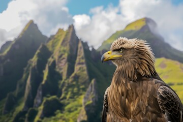 Wall Mural - closeup of an eagle with sharp mountains rising in the distance