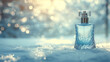 A bottle of perfume is sitting on a snowy surface. The bottle is blue and has a clear top. The scene is serene and peaceful, with the snow creating a calm atmosphere